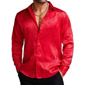 Coofandy Red Silky Satin Floral Jacquard Long Sleeve Button Up Dress Shirt M